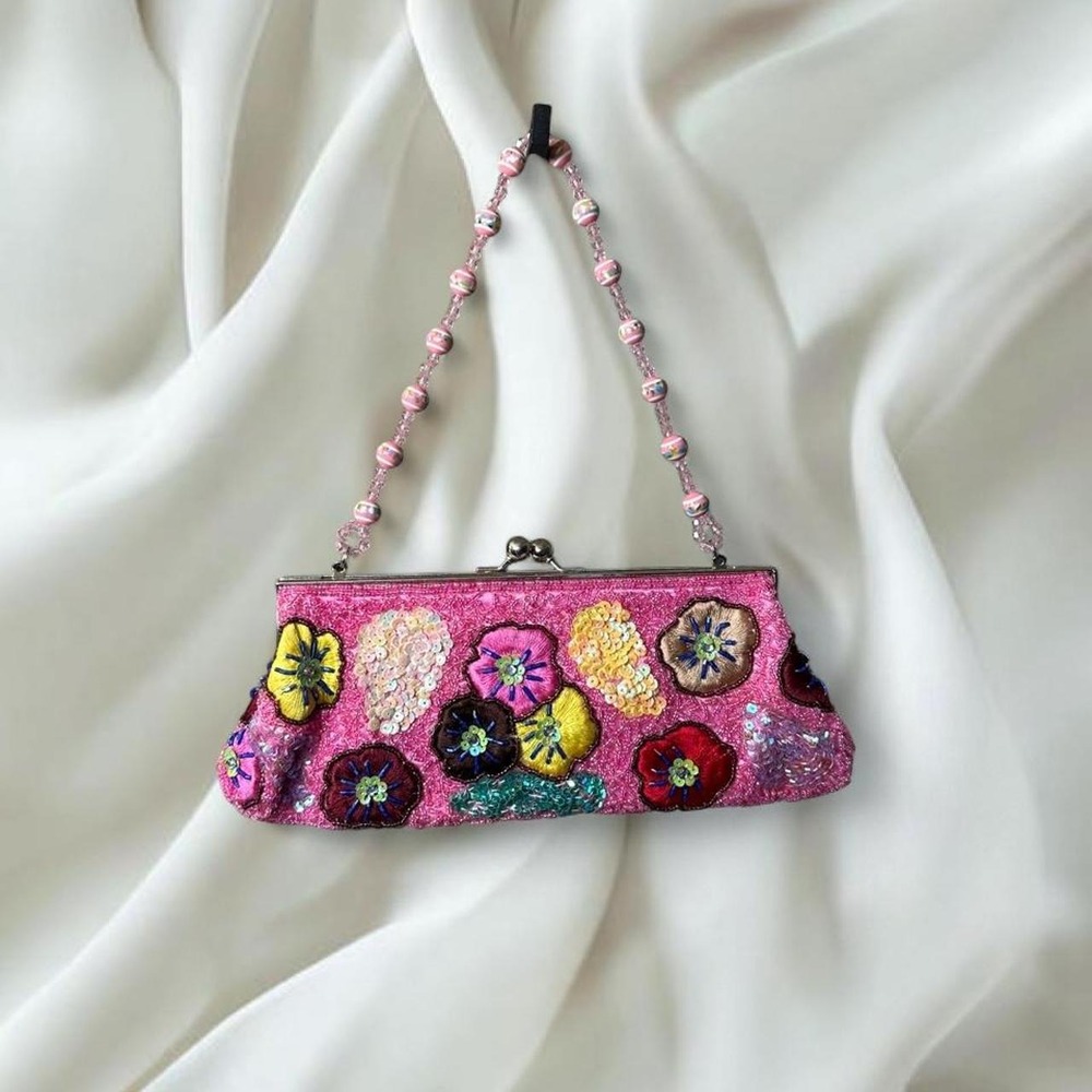 Pink floral beaded sequin clutch embroidered flowers y2k‎ vintage fairy